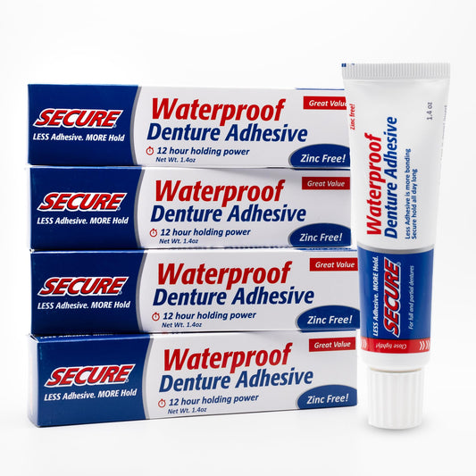 Front view of Secure Waterproof Denture Adhesive 4-pack box (1.4 oz tubes)
