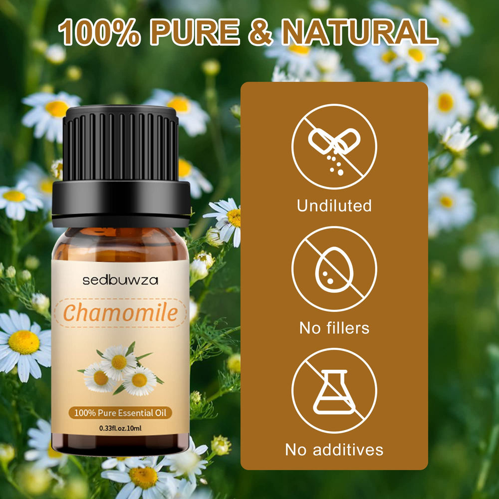 Amber glass bottle of Chamomile Essential Oil