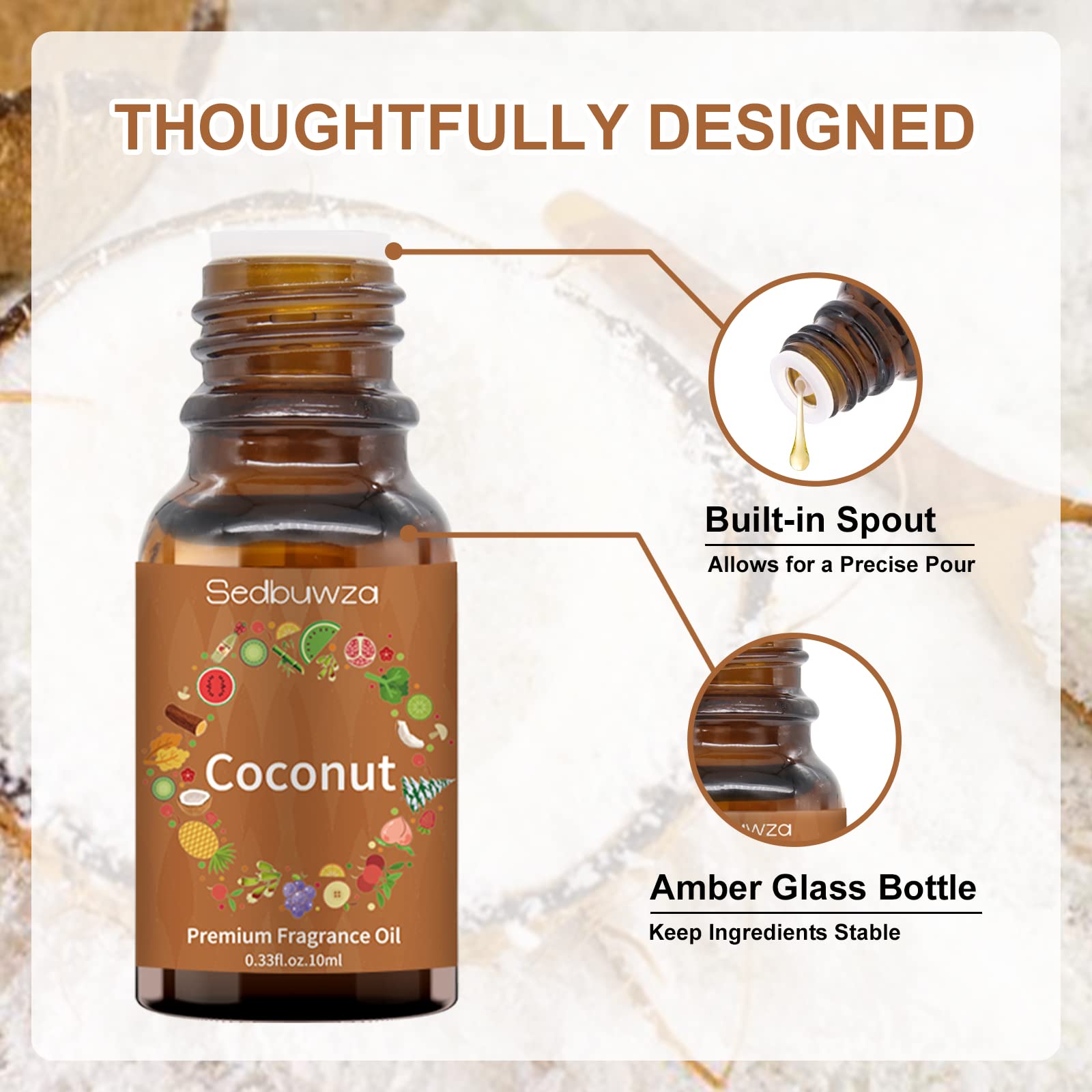 Close-up of coconut fragrance oil texture in amber bottle