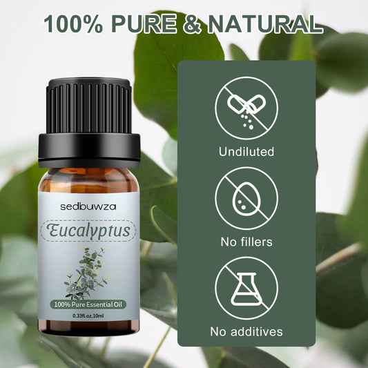 Sedbuwza eucalyptus essential oil bottle with label close-up