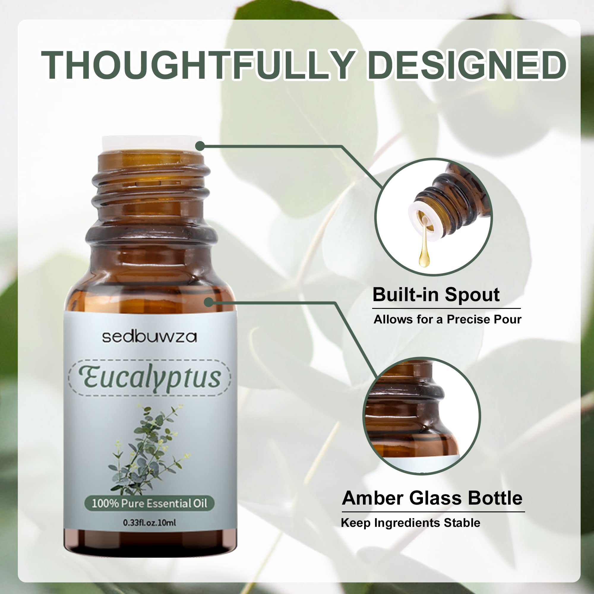 Eucalyptus essential oil poured from amber bottle