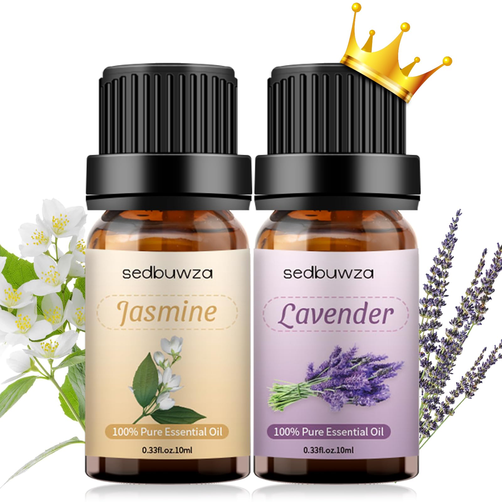 Amber glass bottle containing lavender essential oil with jasmine fragrance