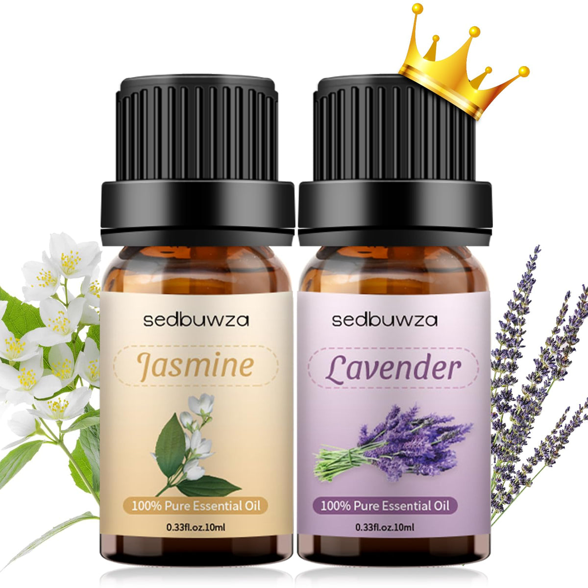 Amber glass bottle containing lavender essential oil with jasmine fragrance