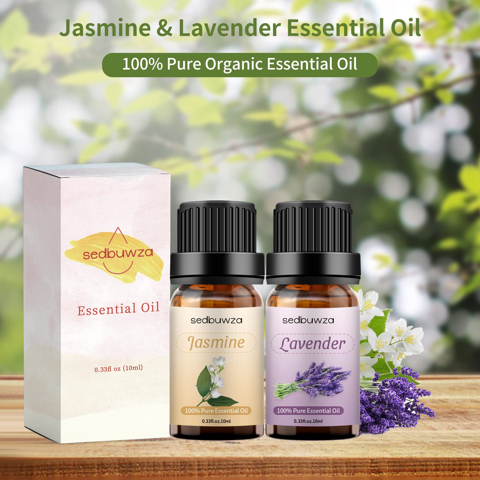 Close-up of two 10 ml amber bottles labeled Lavender and Jasmine