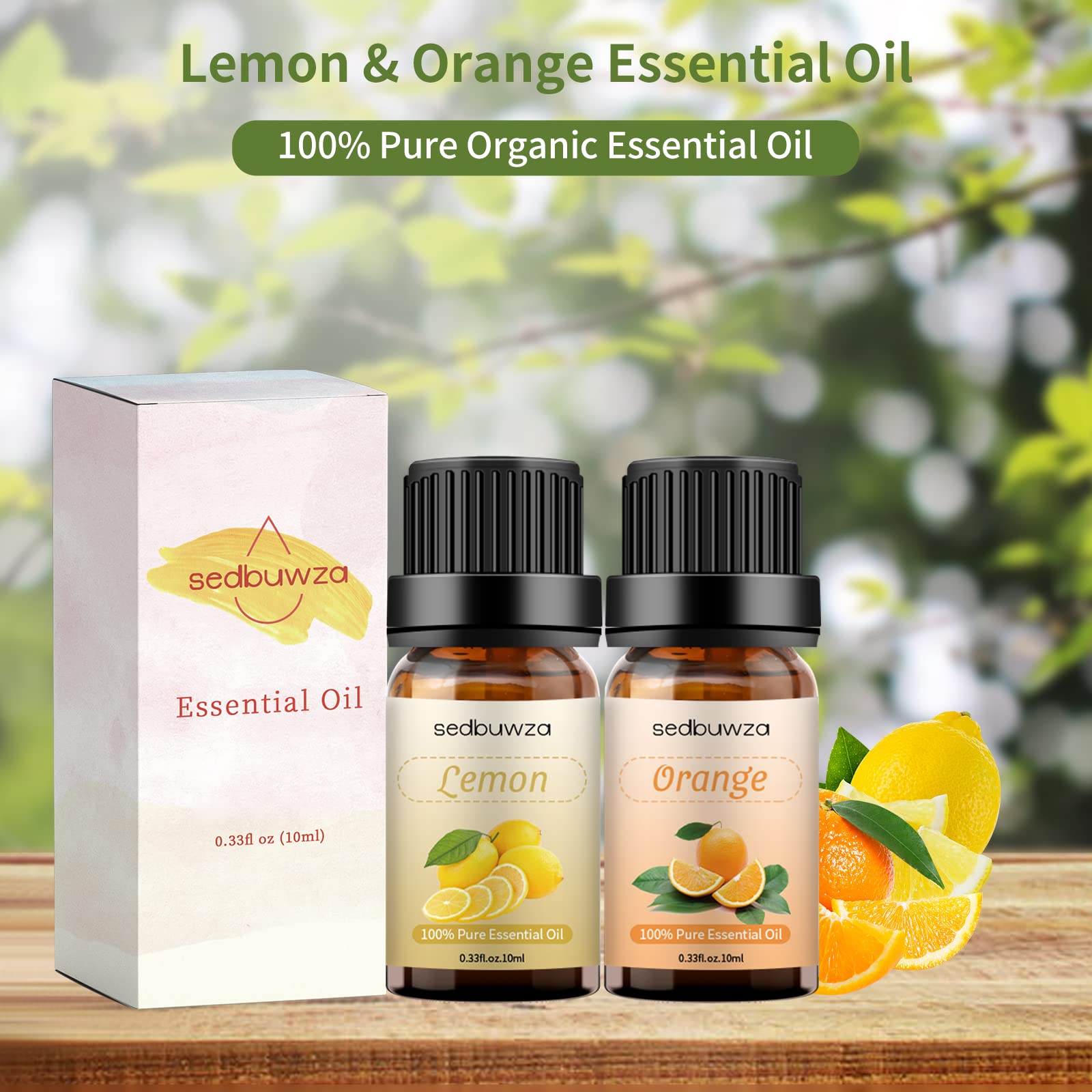 Two 10 ml amber glass essential oil bottles labeled Lemon and Orange