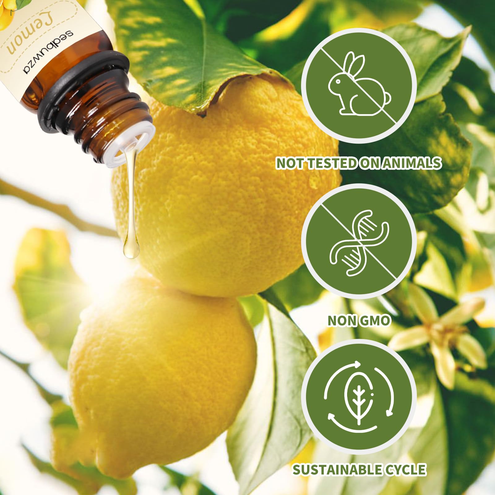 Close-up of Lemon essential oil bottle