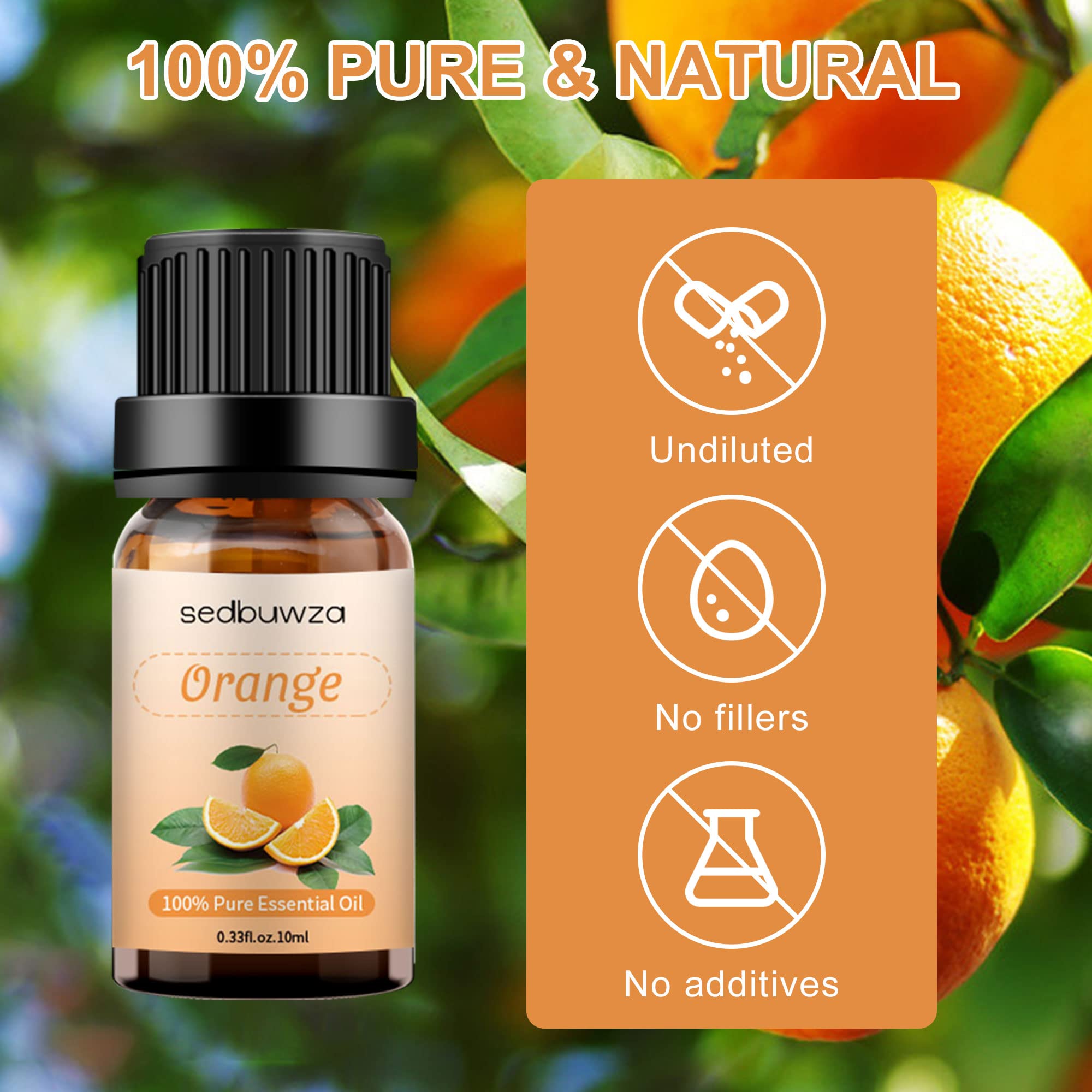 Amber glass bottle of orange essential oil