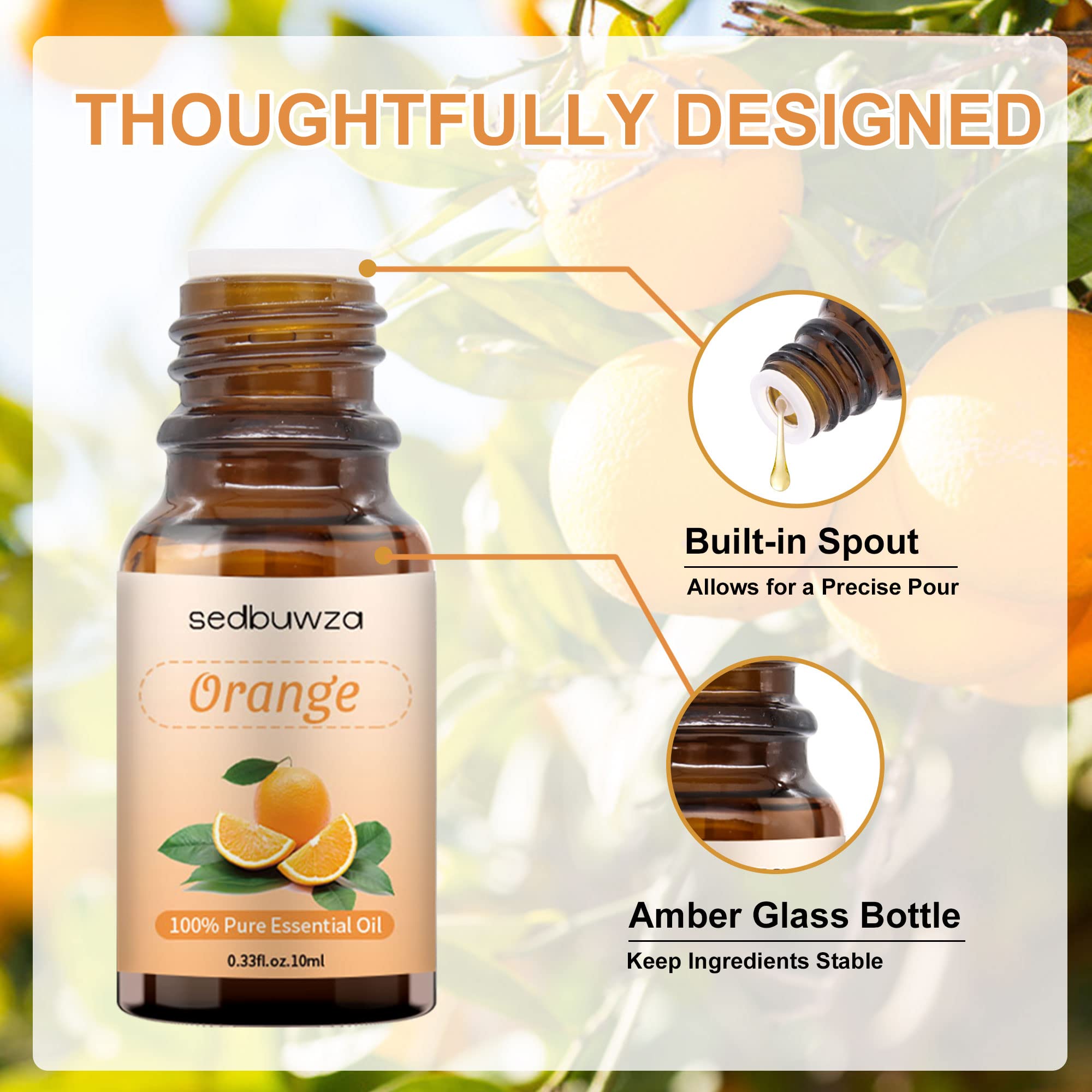 Close-up of orange essential oil in amber bottle