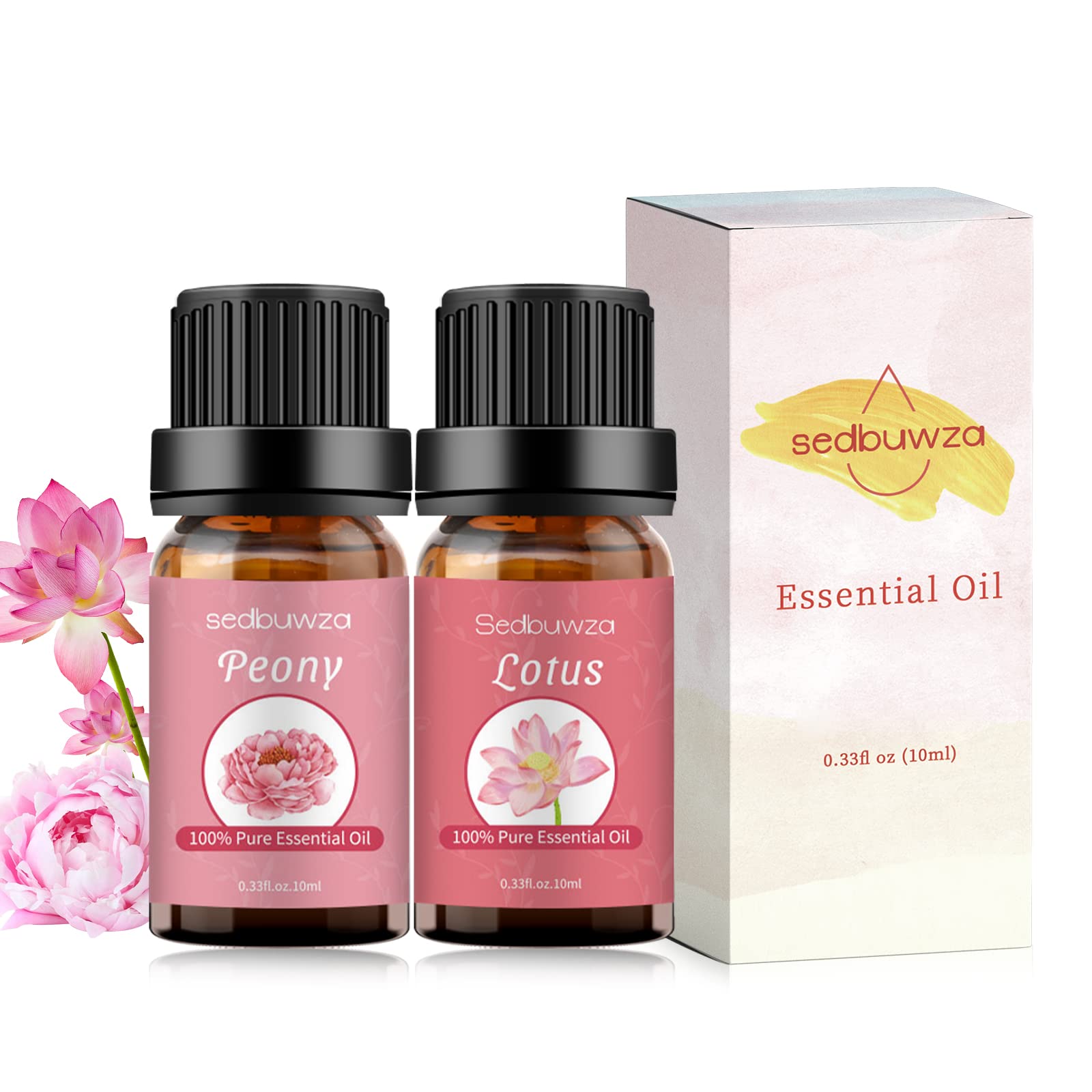 2 x 10 ml Sedbuwza Peony & Lotus oil set layout