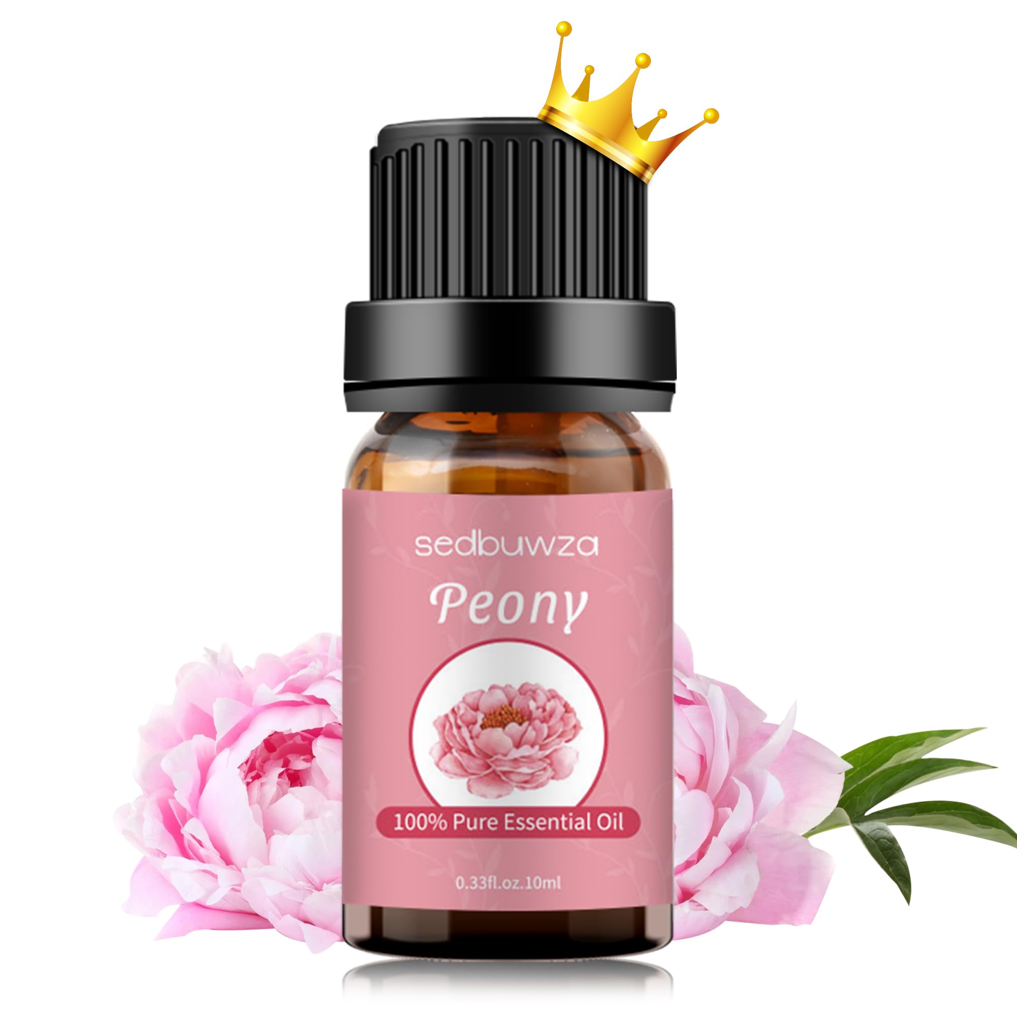 Sedbuwza Peony Essential Oil bottle on wooden surface