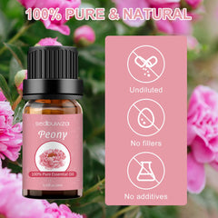 Close-up of Sedbuwza Peony Essential Oil amber bottle label