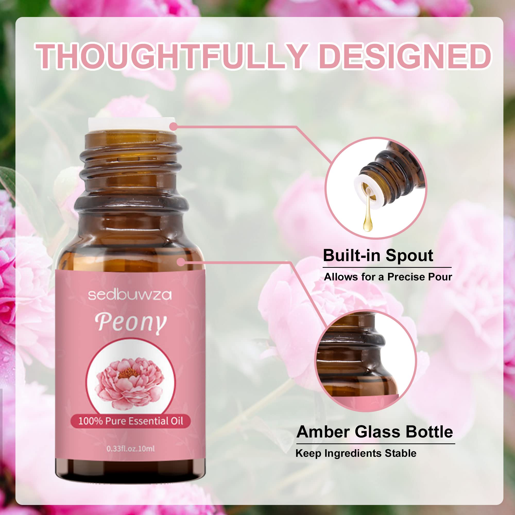 Amber glass bottle of Peony essential oil