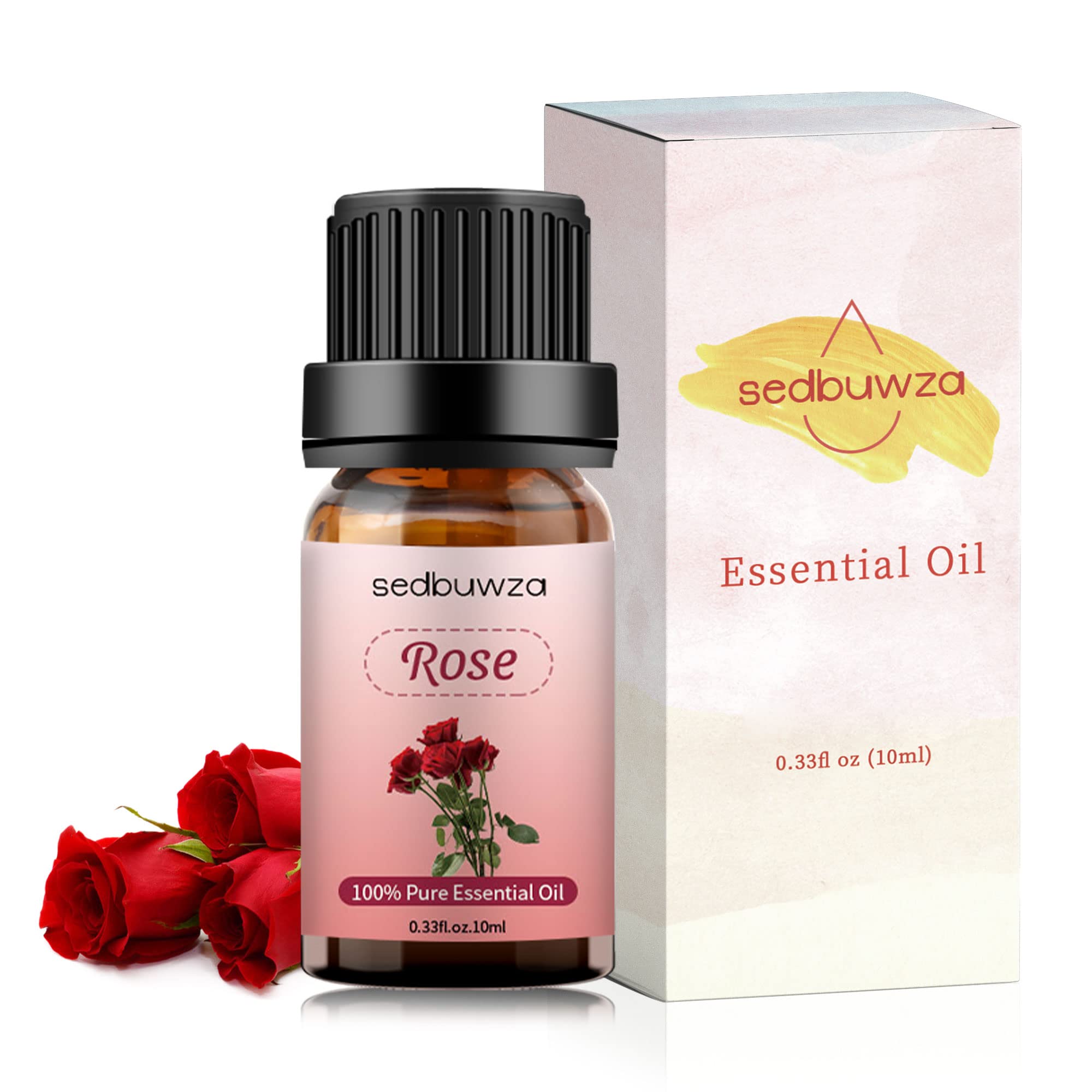 Rose essential oil bottle beside diffuser