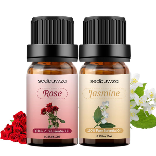 Sedbuwza Rose Jasmine essential oil set – front view with two 10 ml amber bottles