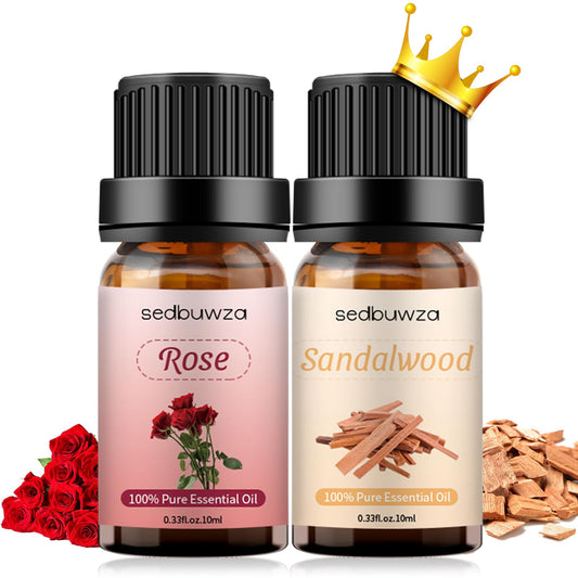 Sedbuwza Rose & Sandalwood essential oil set in amber glass bottles