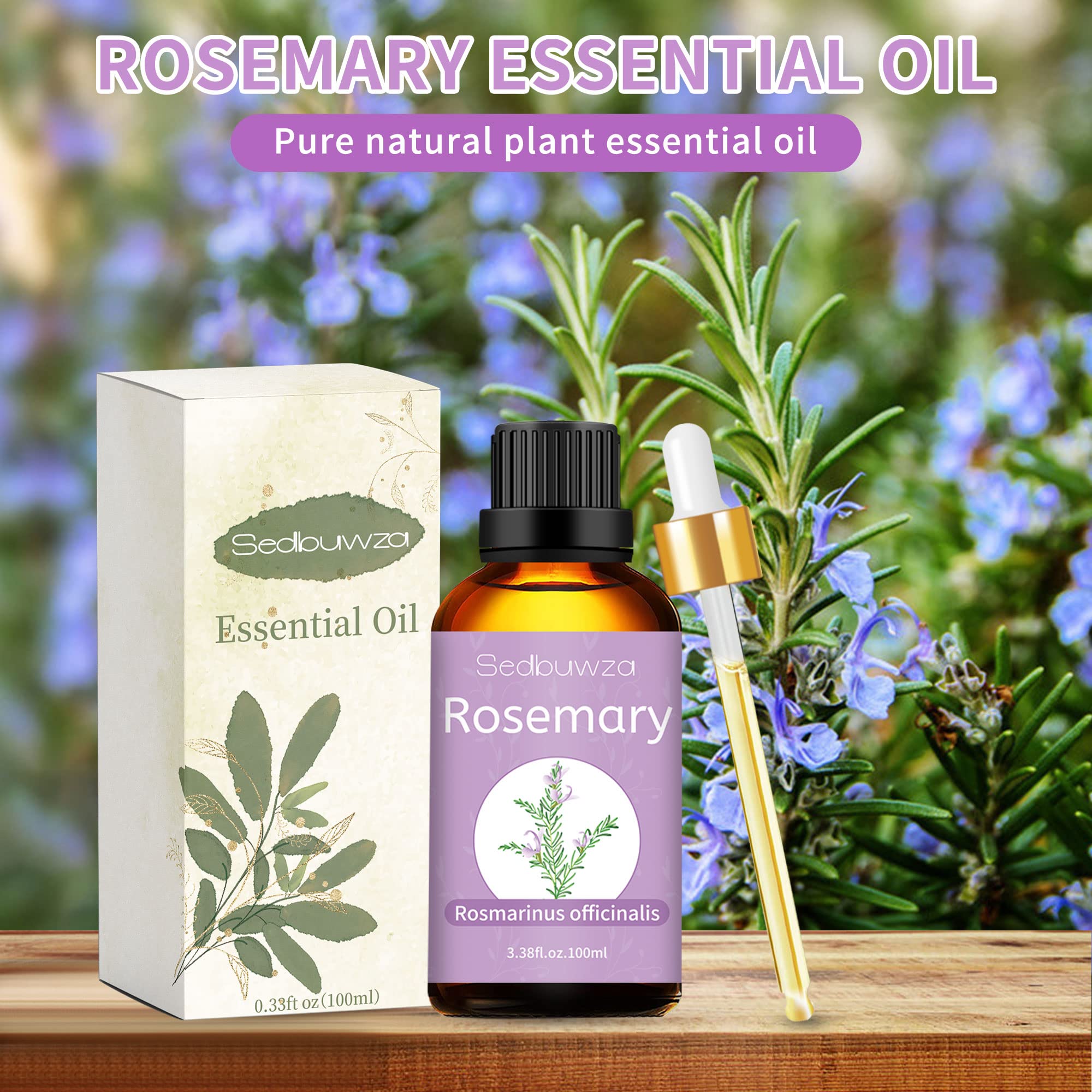 Close-up of 100% pure rosemary essential oil label on bottle