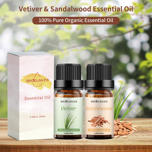 Close-up of sandalwood essential oil amber bottle