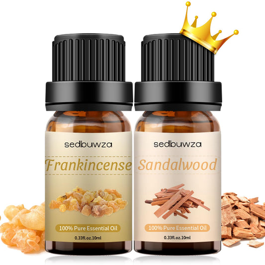 Amber glass bottle of Sandalwood essential oil with dropper cap