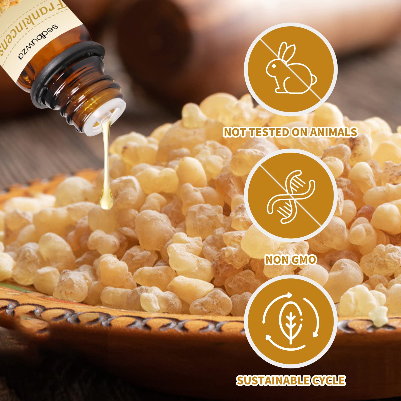 Two 10 ml bottles of Sandalwood and Frankincense essential oils
