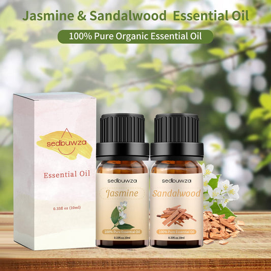 Close-up of amber glass bottles for Sedbuwza essential oil set