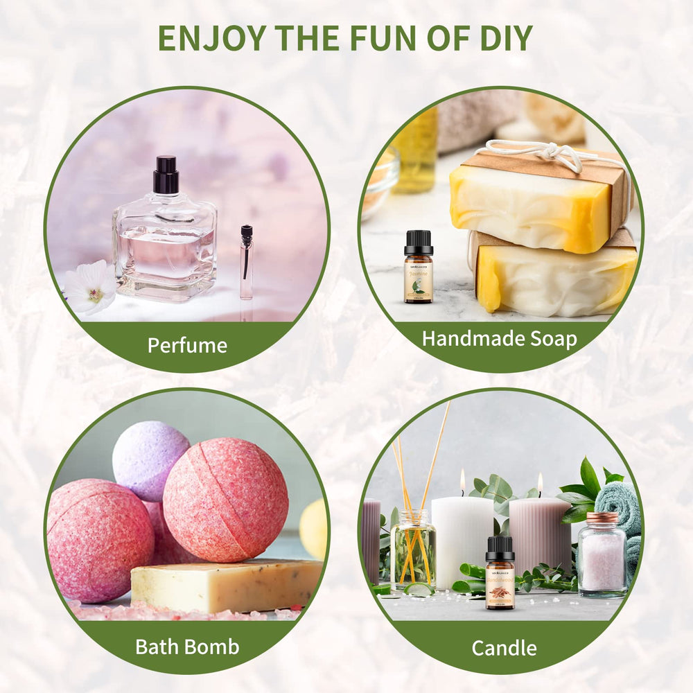 Various uses of the essential oil set: diffuser, massage, soap, candle making