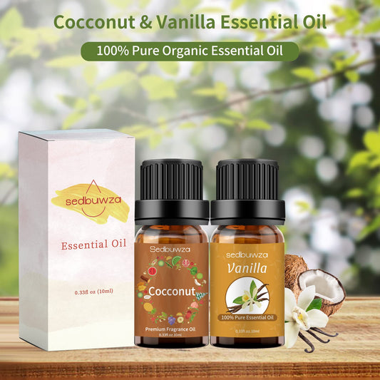 Amber glass bottles containing Sedbuwza vanilla coconut essential oils