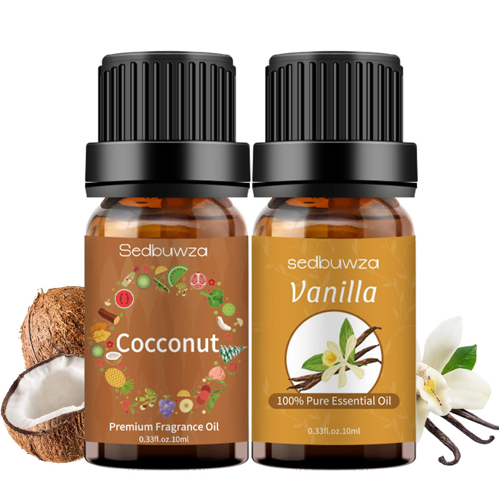 Uses for Sedbuwza vanilla coconut essential oil set: diffuser, massage, skincare, soap, candle making