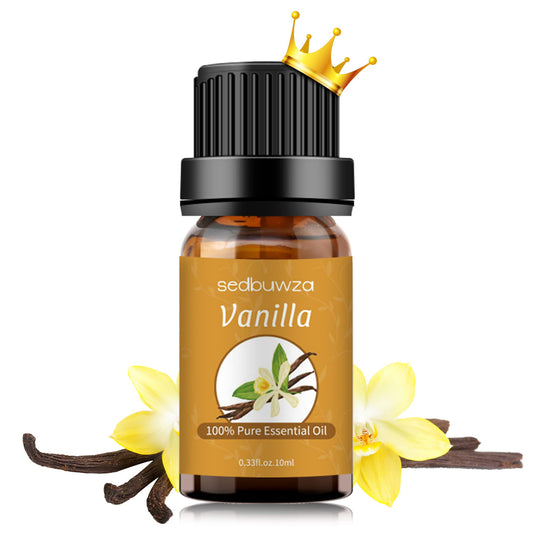 Bottle of Sedbuwza Vanilla Essential Oil with vanilla beans