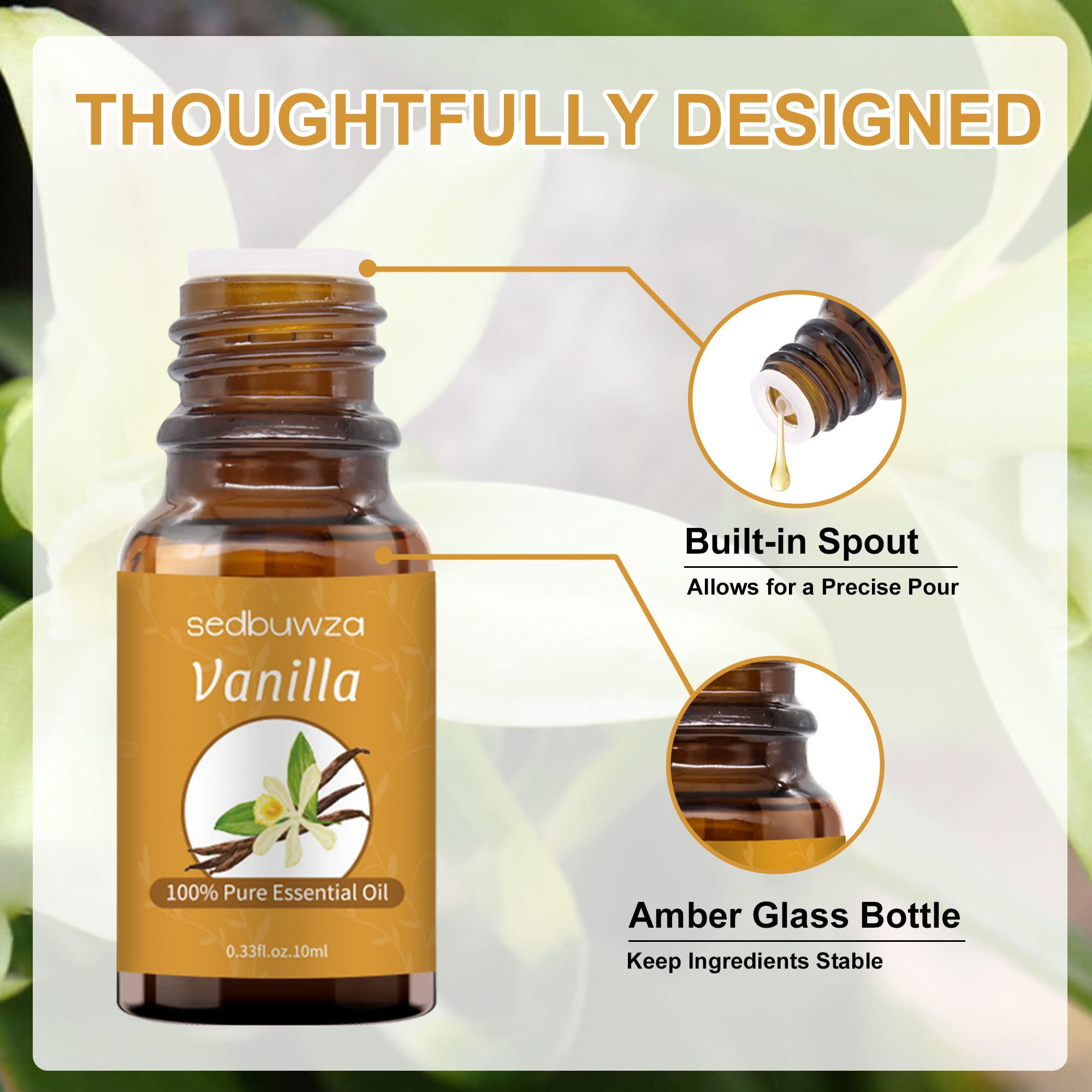 Close-up of vanilla beans beside vanilla essential oil