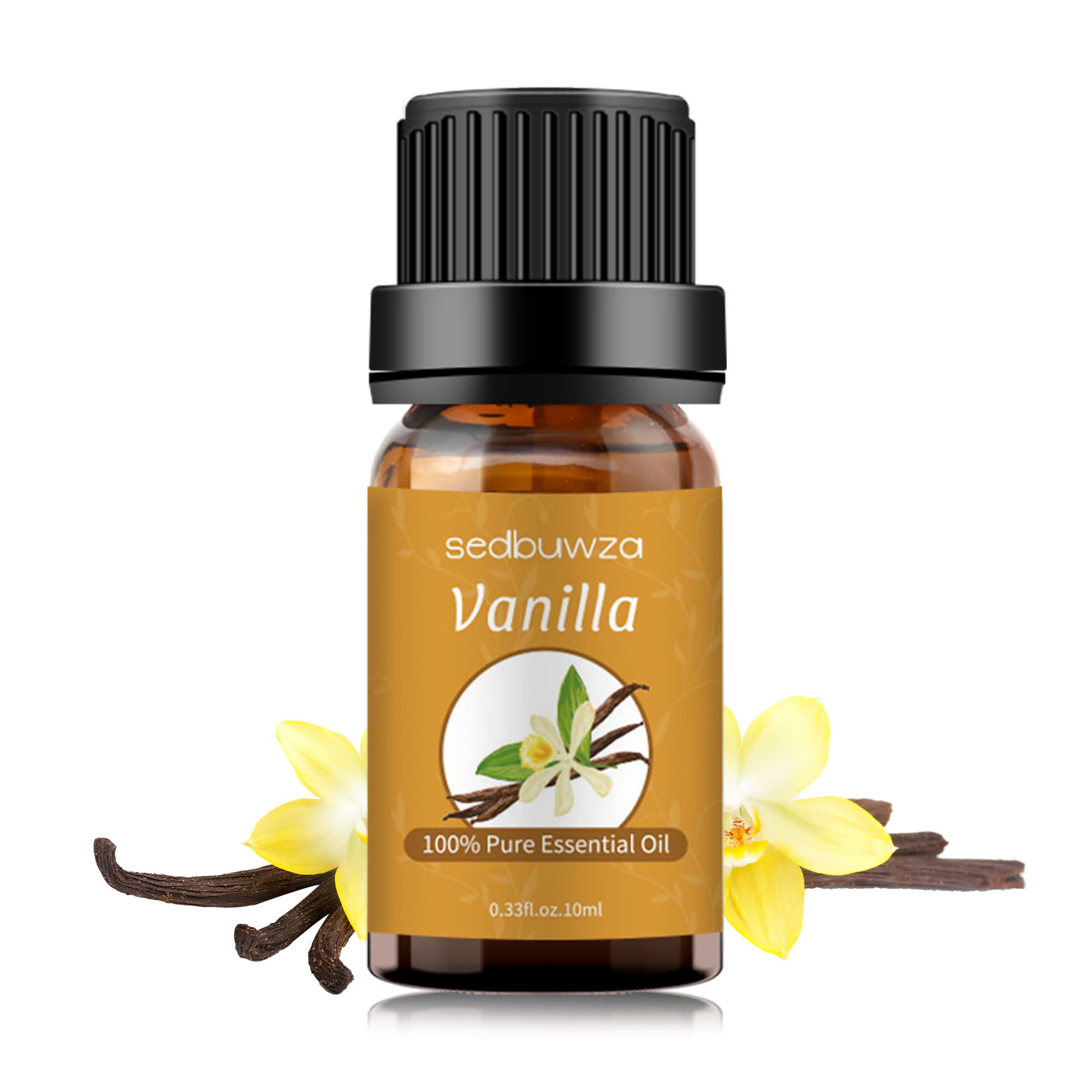 Vanilla essential oil product photography with beans and bottle