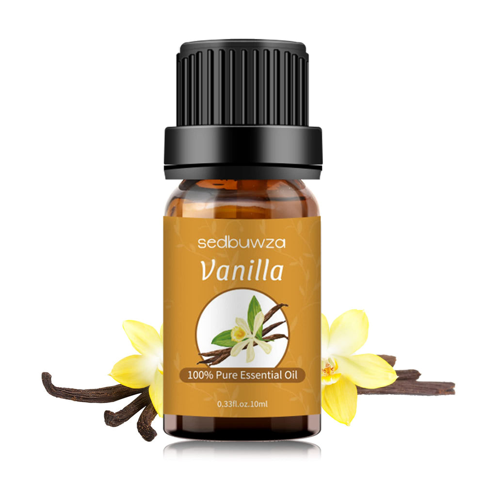 Vanilla essential oil product photography with beans and bottle