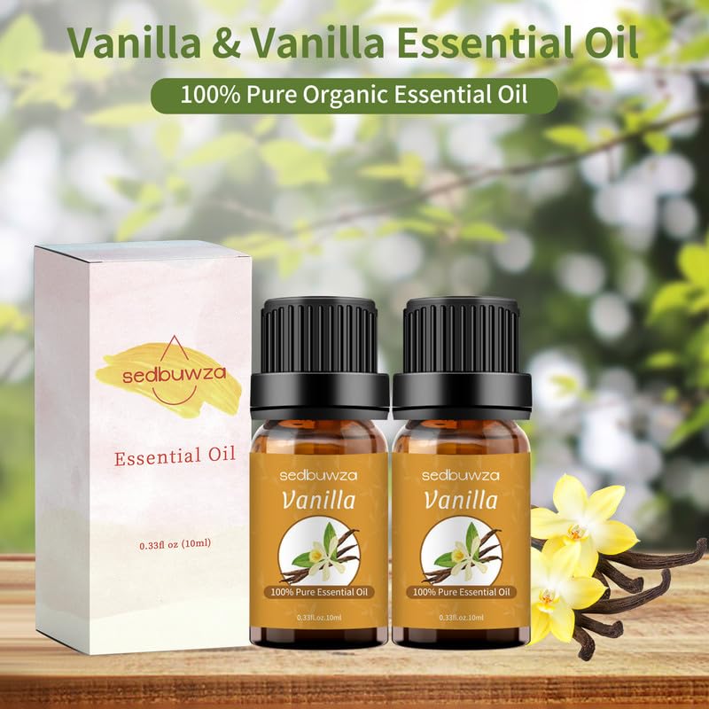Two amber glass bottles with vanilla essential oil for diffuser