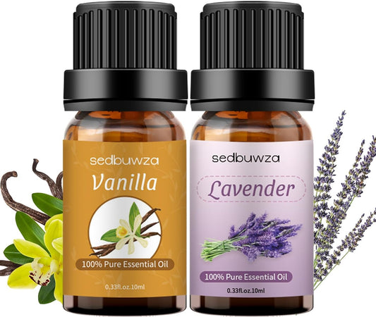 Sedbuwza vanilla lavender essential oil set in amber bottles