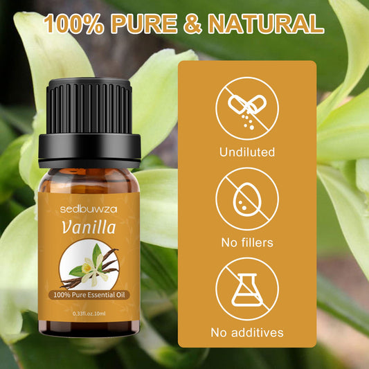 Two amber glass bottles of vanilla and lavender essential oils