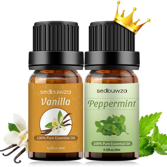 Two amber 10 ml essential oil bottles labeled Peppermint and Vanilla