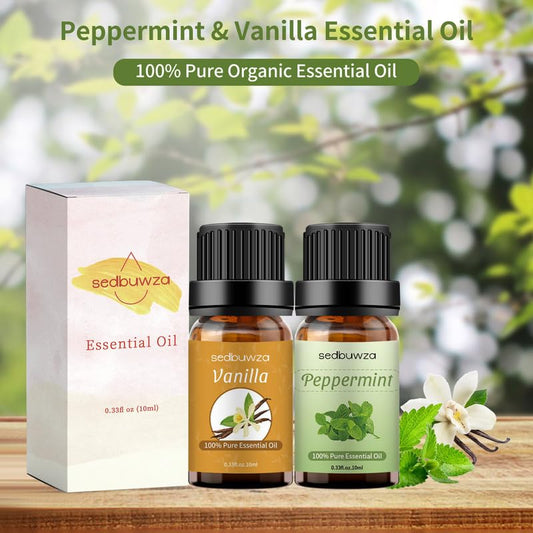 Close-up of amber glass bottles labeled Peppermint and Vanilla