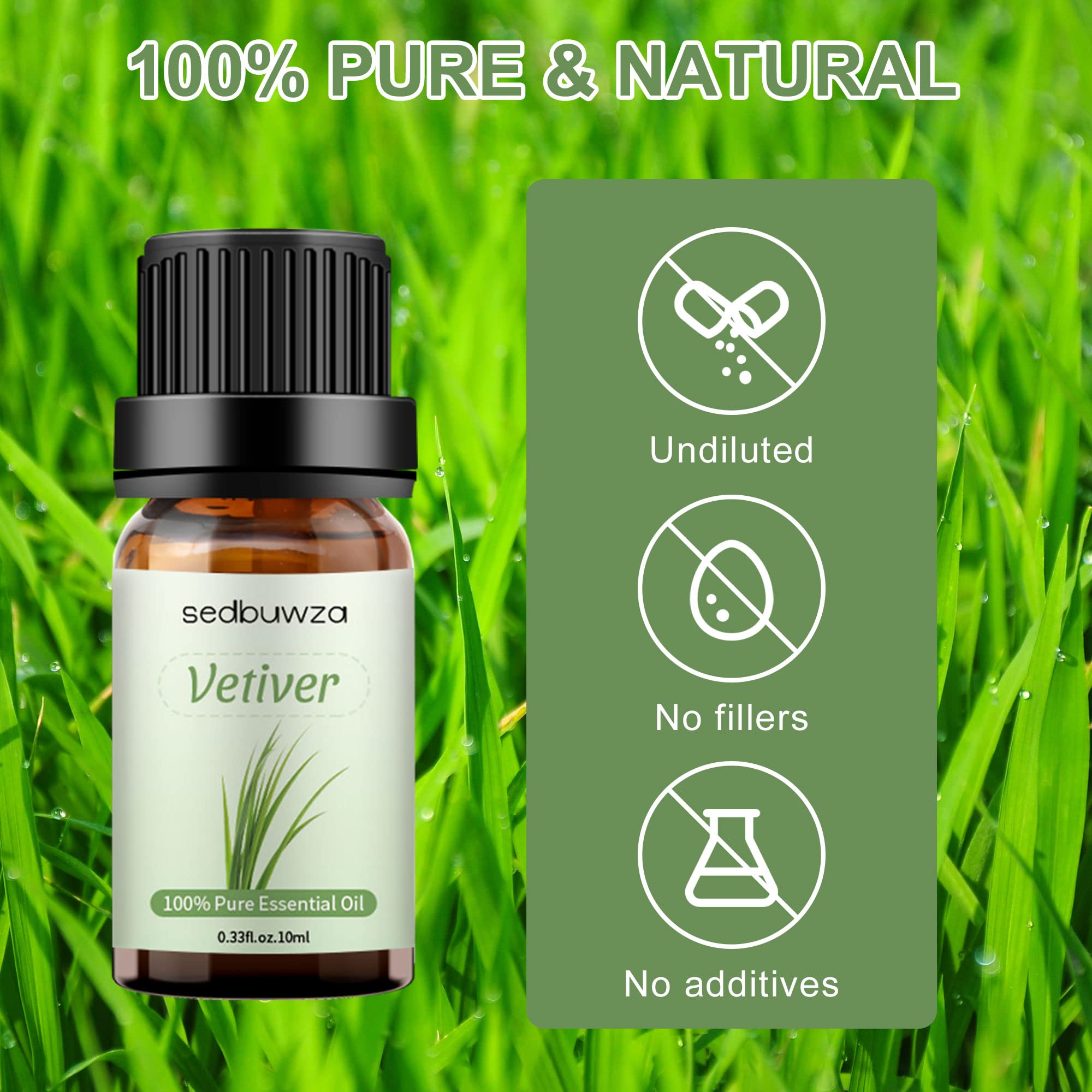 Close-up of amber bottle with Sedbuwza Vetiver essential oil label