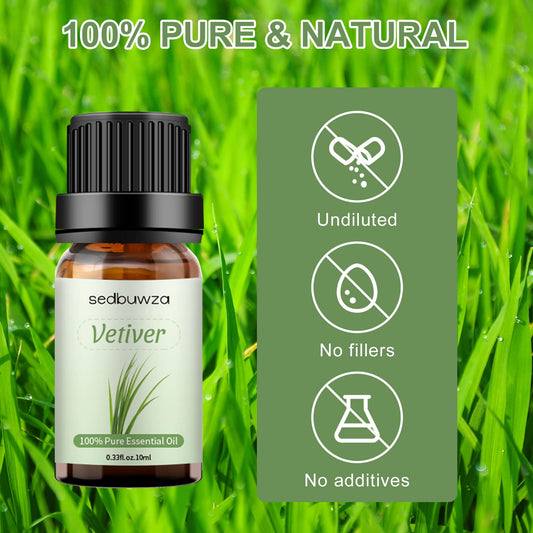 Close-up of amber bottle with Sedbuwza Vetiver essential oil label