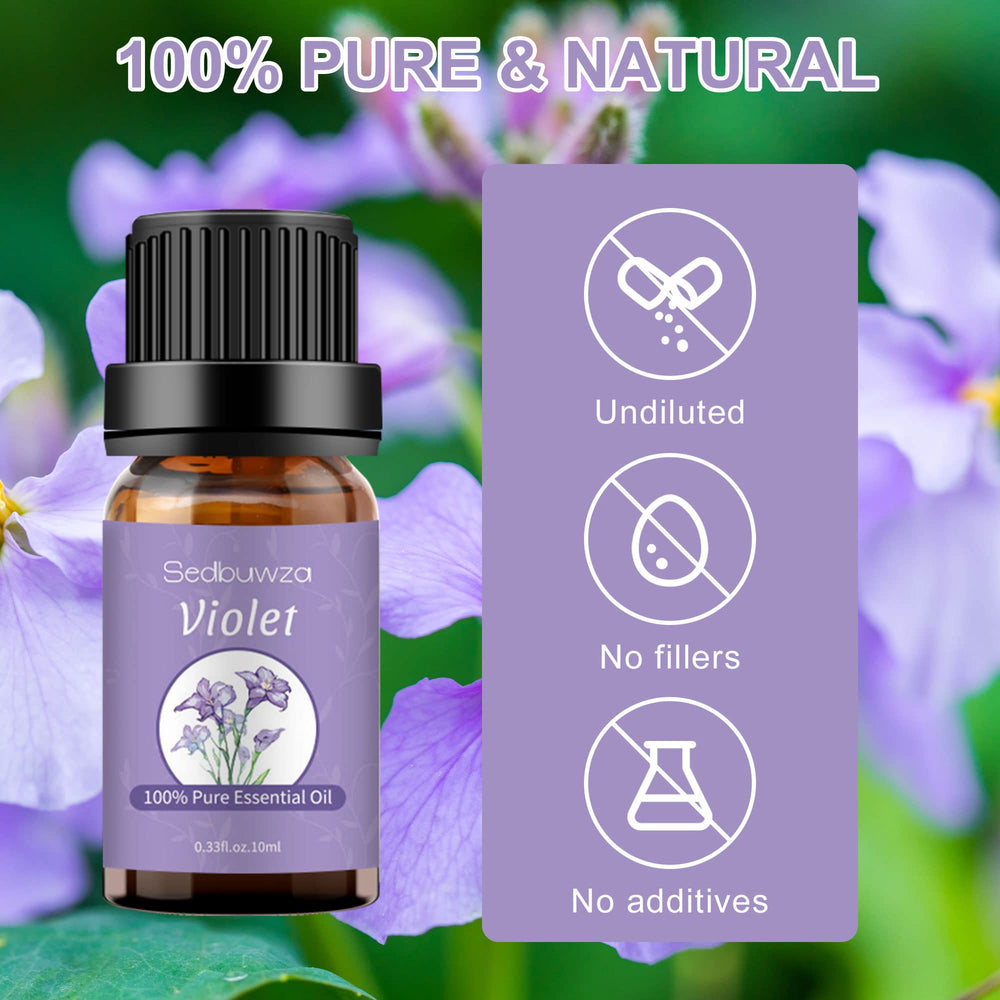 Close-up of violet essential oil bottle and dropper