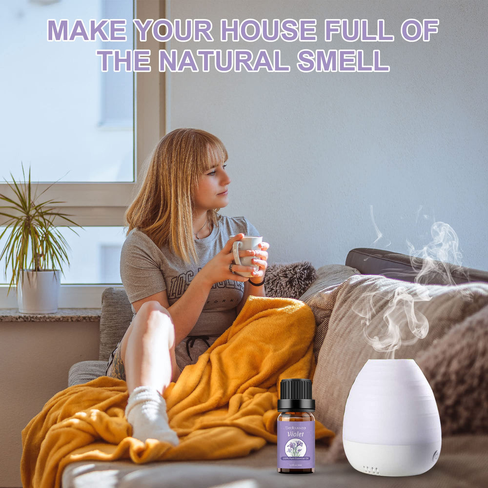 Violet essential oil being used in a diffuser