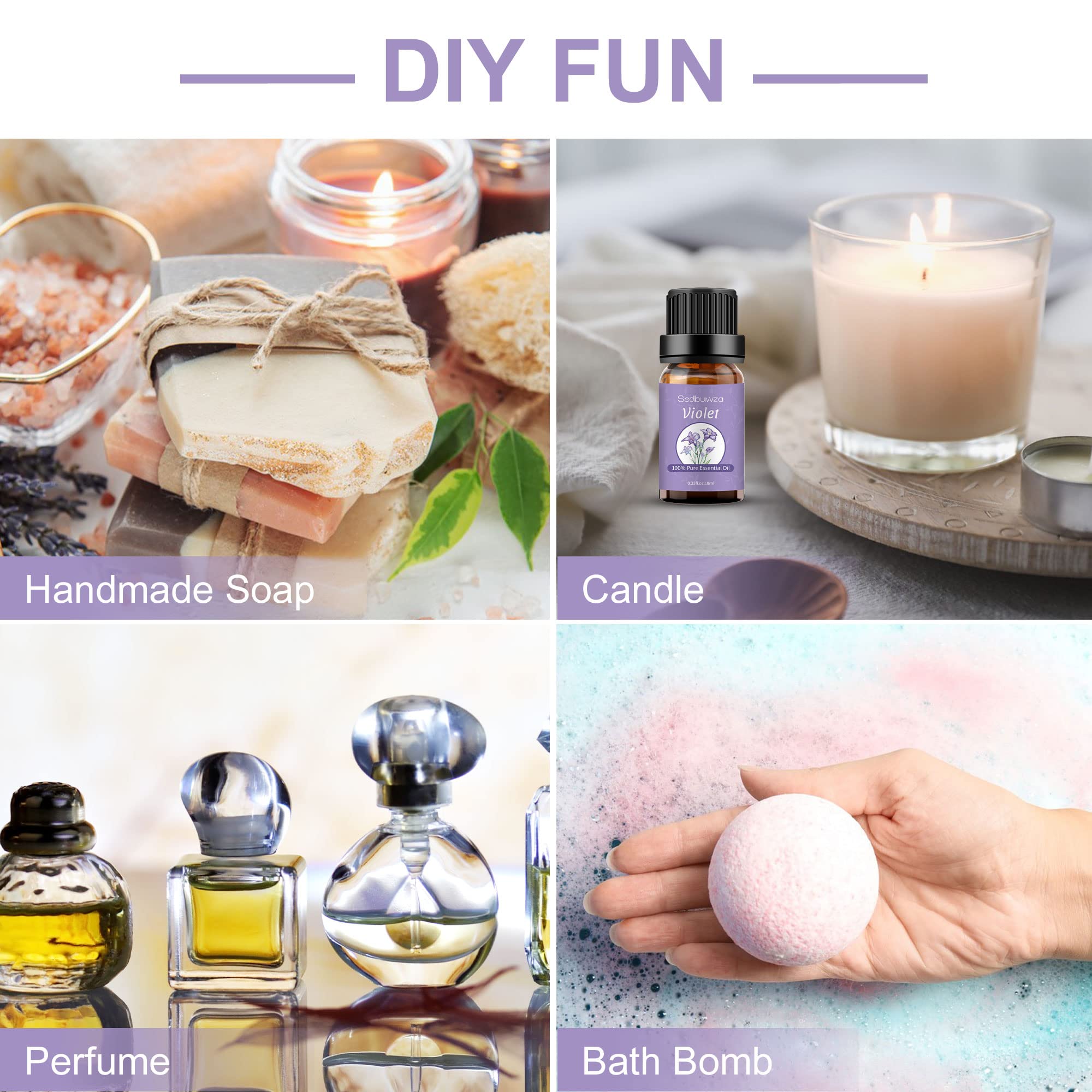 Flat lay with diffuser and Sedbuwza Violet Essential Oil