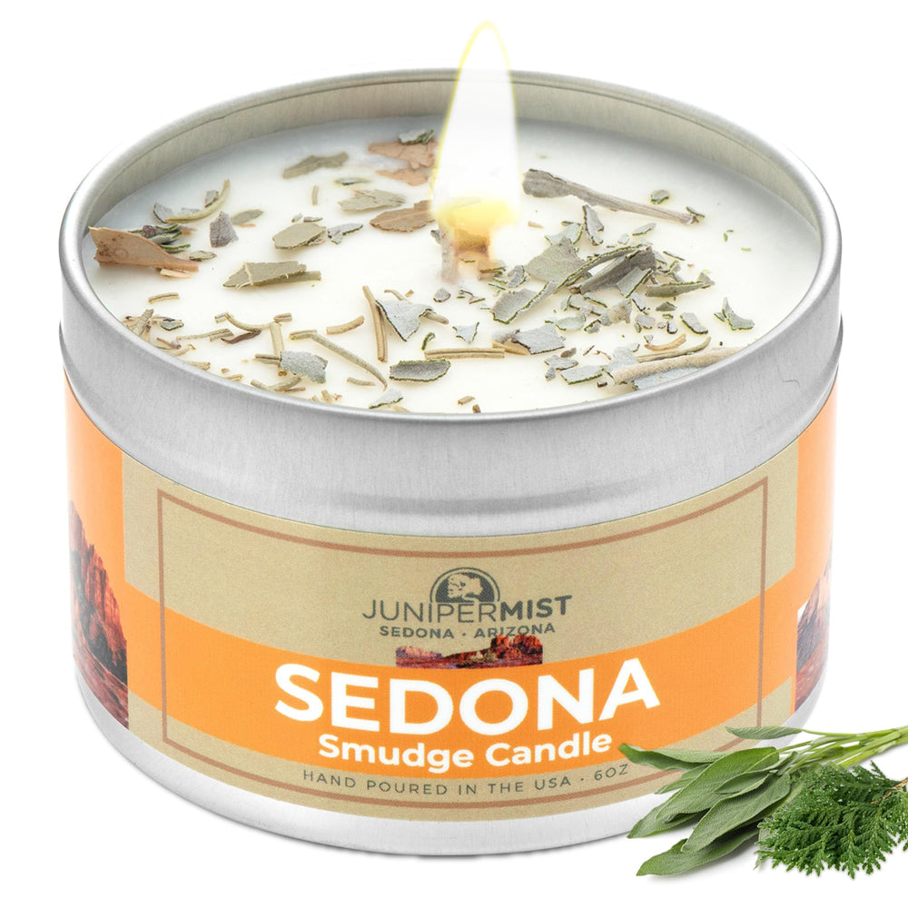 Sedona Smudge Candle 6oz tin with sage, cedar and sweetgrass for energy cleansing