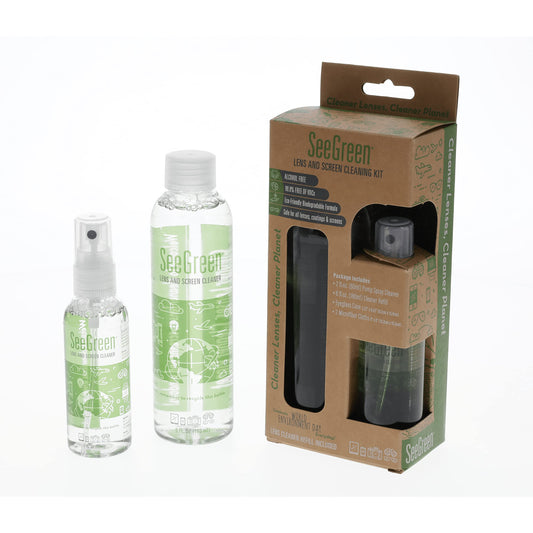 SEEGREEN Lens and Screen Cleaning Kit with 2oz spray, 6oz refill, RPET microfiber cloths, and RPET slipcase