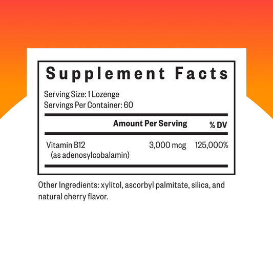 Product label showing 3000 mcg B12 per lozenge