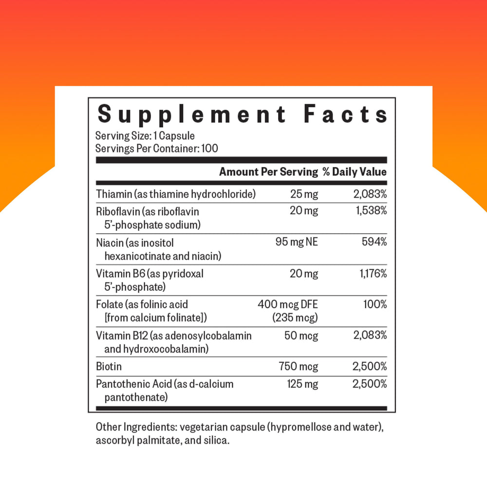 B Complex MF bottle highlighting folate and folinic acid ingredients