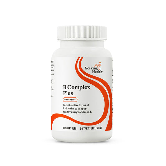 Bottle of Seeking Health B Complex Plus with 100 capsules on a white background