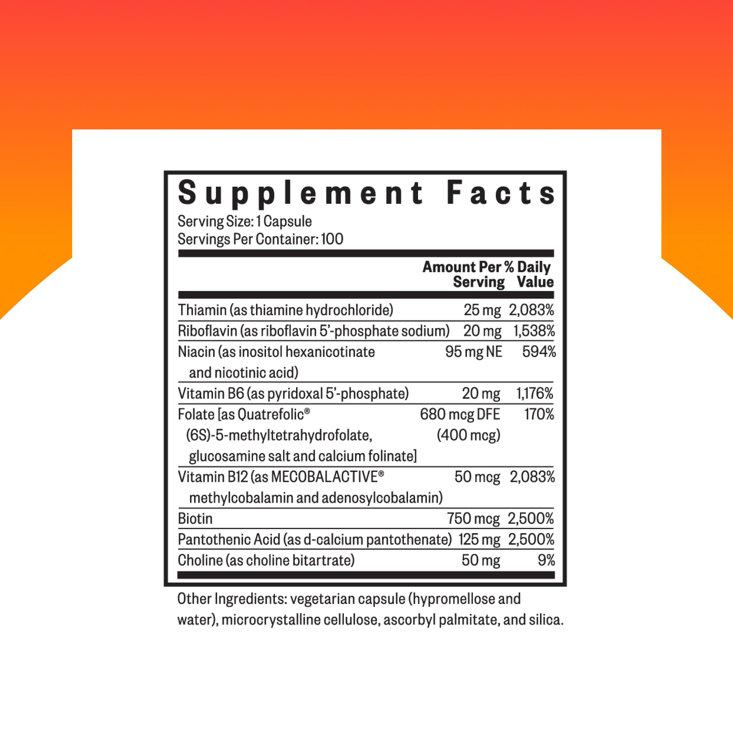 Close-up of the Seeking Health B Complex Plus bottle label highlighting choline and riboflavin