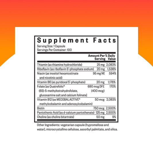 Close-up of the Seeking Health B Complex Plus bottle label highlighting choline and riboflavin
