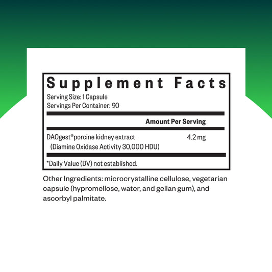 Close-up of Seeking Health DAO Enzyme product label