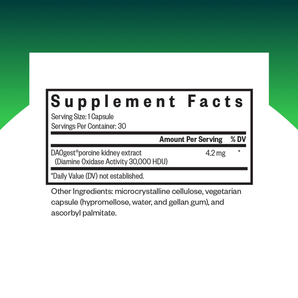 Close-up of Seeking Health DAO Enzyme capsules for fast-acting digestive support